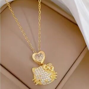 18K Gold Plated Hello Kitty Head Heart Pave Diamond Necklace Sanrio Kawaii Anime